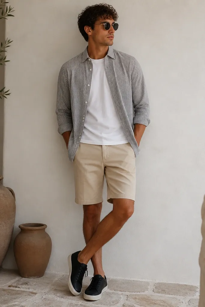 A white tee under a black-and-white micro-striped button-up, worn open, with light khaki shorts. The look includes black low-top sneakers.