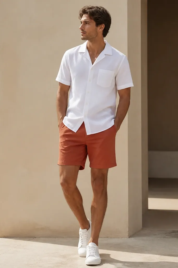 A white short-sleeve shirt worn untucked with terracotta clay-orange shorts. The outfit is paired with clean white sneakers.