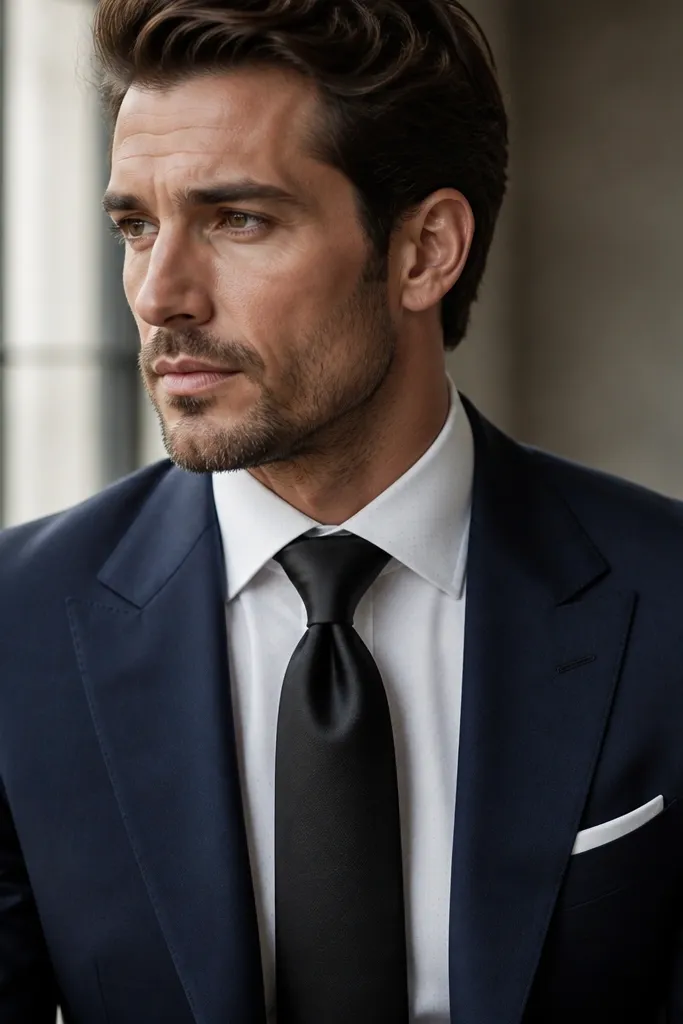 A white pinpoint shirt with tiny dot texture looks crisp. A black tie with subtle sheen sits under a navy blazer. The knot is slightly wider than in classic looks, and the collar points are pressed with a gentle angle. The blazer has medium lapels and structured shoulders.