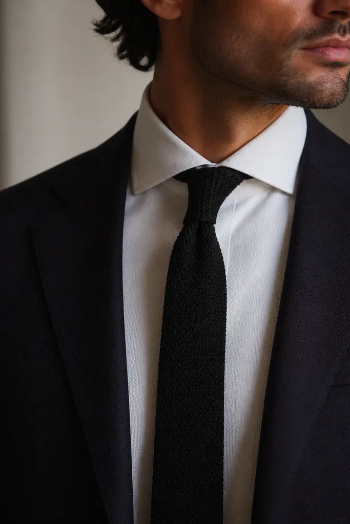 A white Oxford cloth shirt is worn with a black tie made of knit fabric. The texture is visible on both shirt and tie. The jacket is a deep brown or navy blazer, and the shirt collar is a soft spread style. The tie knot looks slightly bulkier than silk ties.