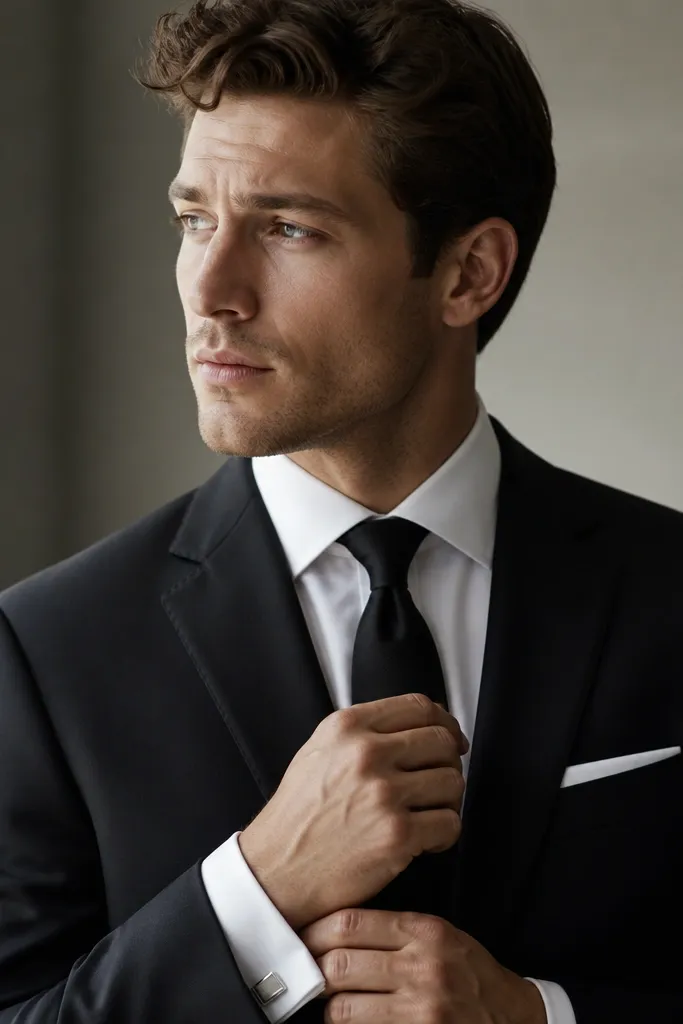 A white French cuff dress shirt with crisp cuffs is worn with a black tie. Silver cufflinks are visible at the wrists. The suit is black or very dark charcoal, and the tie is matte silk. The collar is a structured spread collar with a clean collar roll.