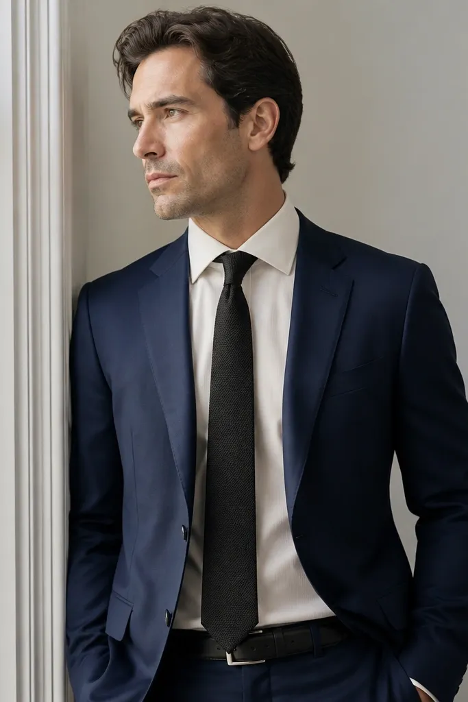 The shirt looks slightly warm, not icy white. The black tie has a visible woven texture, like a fine diamond or small rib. The suit is navy, and the collar has a moderate spread. The tie knot is centered and neat, with the tie tip reaching the belt line.