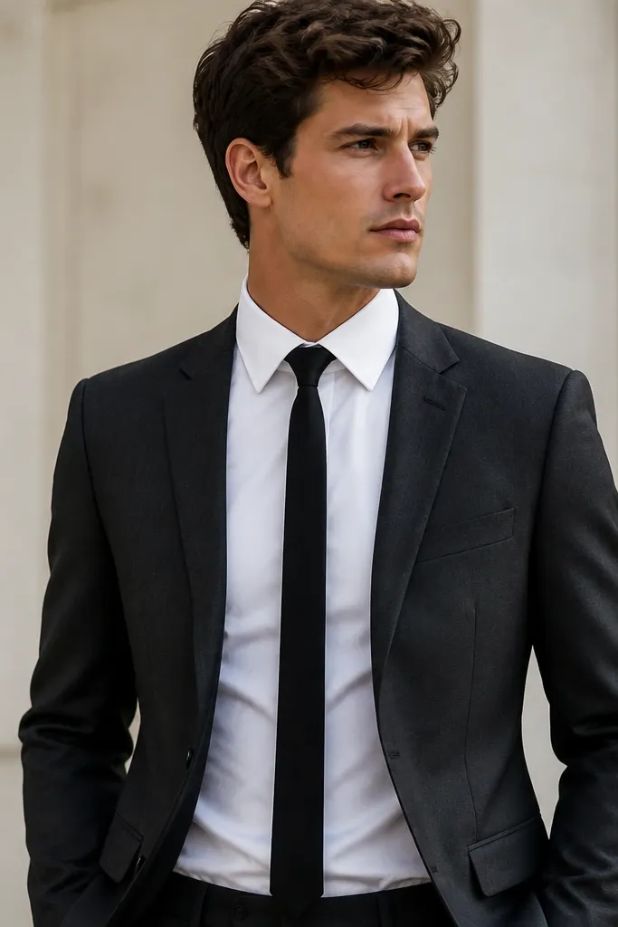 A slim-fit white dress shirt shows clean lines along the torso and sleeves. The black tie is narrow, about 2.75-3 inches, and the knot is compact. The jacket is a charcoal blazer with narrow lapels. The collar points stand slightly higher than average.