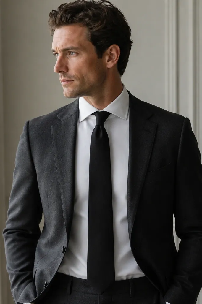 A white dress shirt with a clean, minimal placket is worn under a charcoal suit. The black tie is matte with a smooth finish. The shirt front is very flat, and the collar is a classic structured style. The lapels are medium width and the suit looks slightly textured.