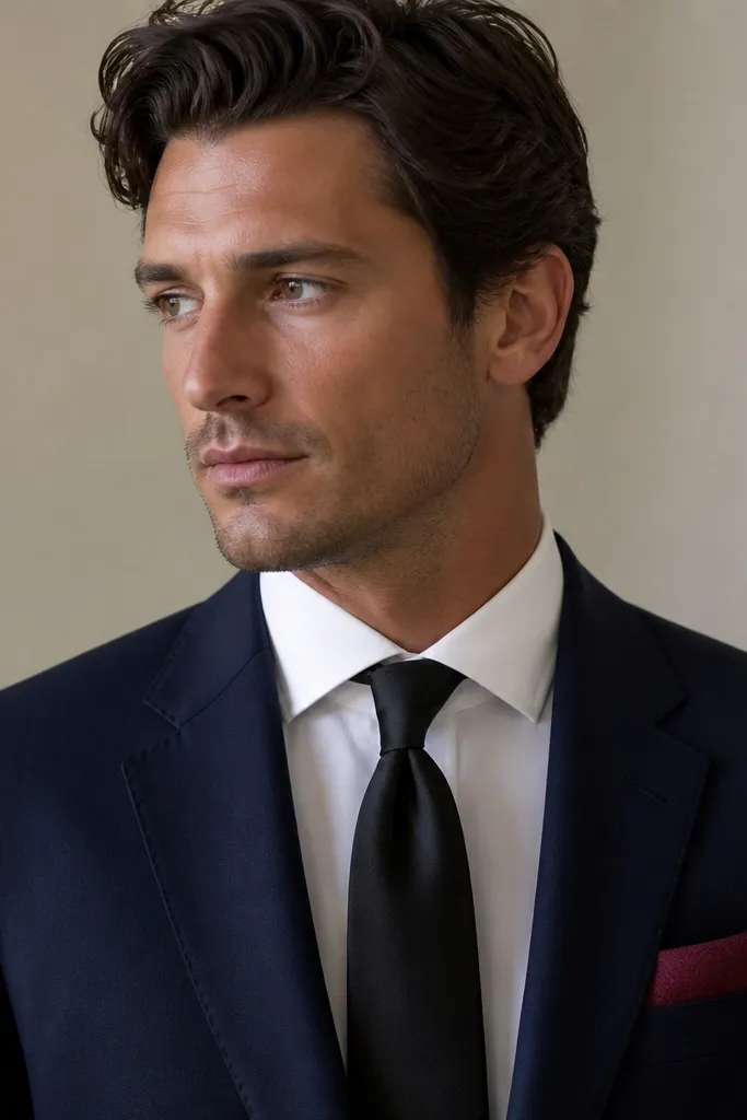 A white shirt and black tie are paired with a navy blazer. A burgundy pocket square sits in the breast pocket with a simple fold. The tie is matte silk and the knot sits neatly. The blazer fabric has a slight texture that catches light softly.