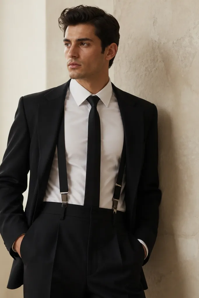 A white shirt is worn with black suspenders over the shoulders. The black tie is matte silk. The suit jacket is open or partially unbuttoned, showing the suspenders. Trousers are dark and high-waist with no visible belt. The outfit looks clean and structured.