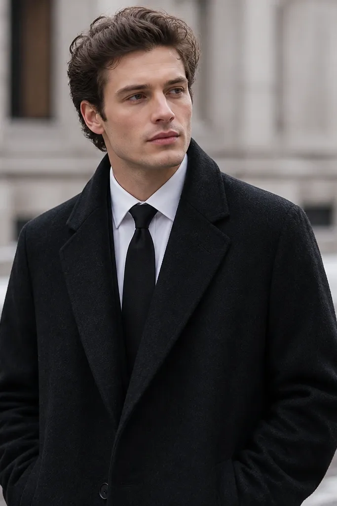 A white shirt collar and black tie are visible beneath a long black wool overcoat. The overcoat has a structured collar and the tie knot sits centered. The scene looks like street photos with soft winter light. The overcoat fabric has a slight nap and the tie looks matte.