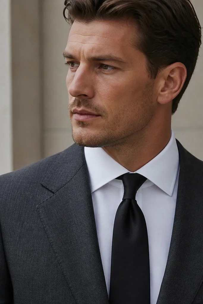 A white shirt has a faint micro-check or micro-texture visible only up close. The black tie is plain matte silk. The suit is dark gray, and the collar is a classic spread style. The shirt looks mostly white but has gentle variation in the weave.