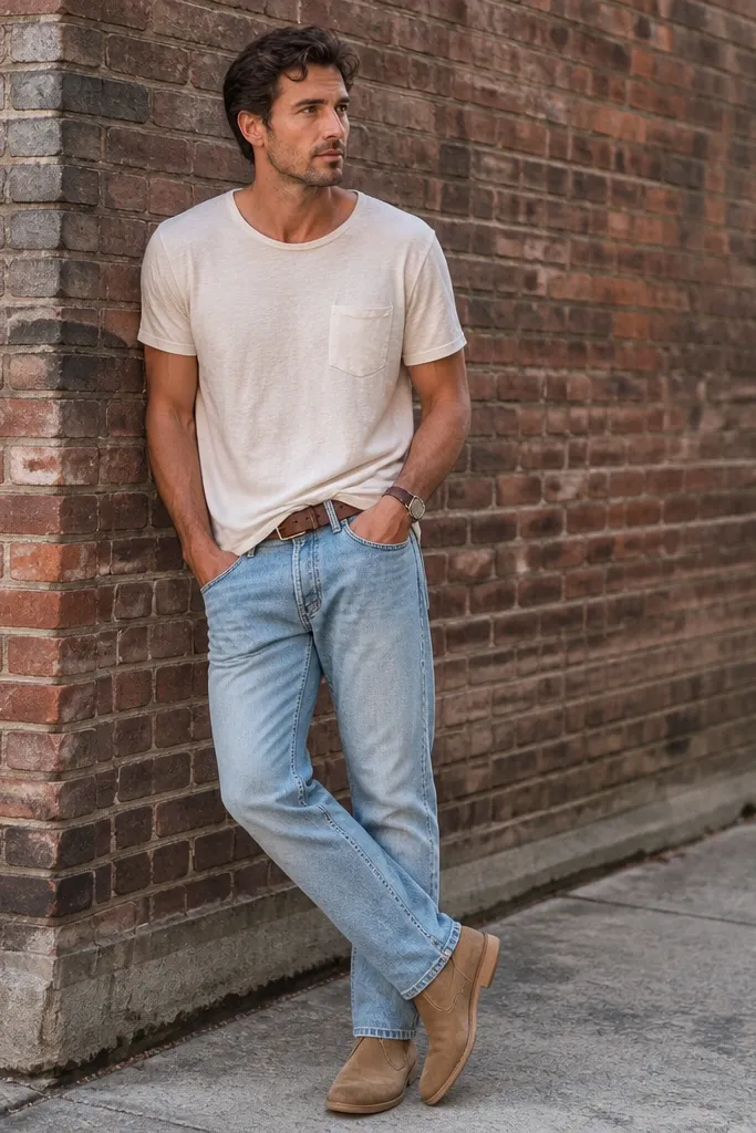 Man in a washed-white t-shirt untucked over light blue jeans with a straight leg. Tan leather belt, brown leather watch, and tan suede desert boots. The photo is outdoors near a brick wall.