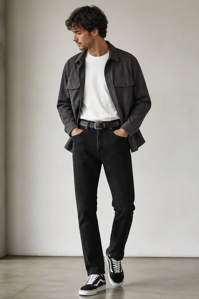 Man wearing a white crew t-shirt tucked into black jeans. A charcoal gray overshirt layered open, with chest pockets visible. Black leather belt and black-and-white sneakers.