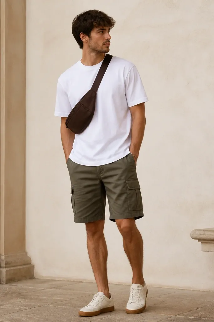 Man in a plain white tee with olive green cargo shorts. Canvas sneakers in off-white with gum soles. A simple crossbody bag in dark brown sits across the chest.