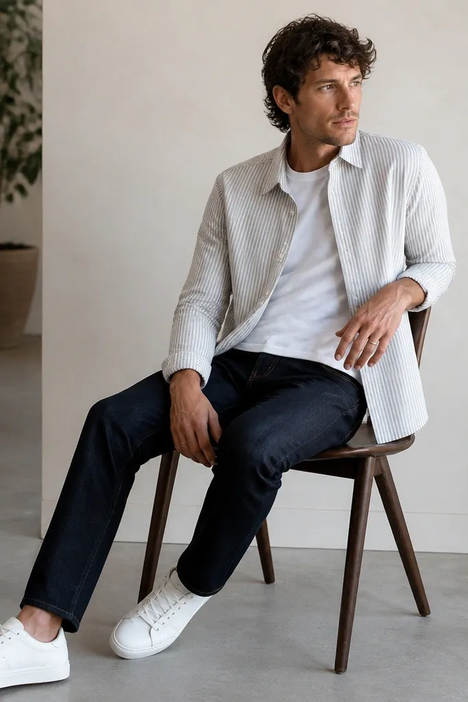 Man wearing a white t-shirt under a thin striped overshirt (white and light gray stripes). Dark indigo jeans, slim straight fit. Minimal white sneakers and a silver ring.