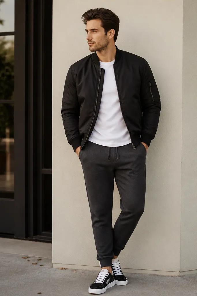 Man wearing a white tee with charcoal joggers. A black bomber jacket with a ribbed collar and cuffs. Black-and-white sneakers, hair neatly styled.
