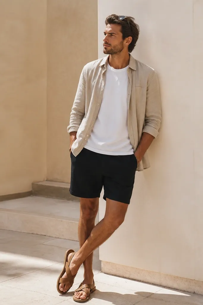 Man in a white crew t-shirt, black shorts, and an open light linen shirt in light beige. Flat sandals in tan, sunglasses on head, relaxed pose.