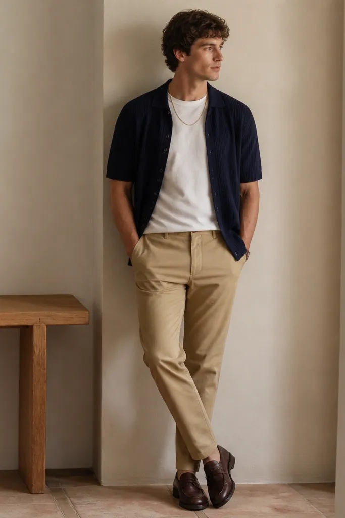 Man wearing a white t-shirt under a navy knit polo that is worn open like a layer. Tan chinos and brown leather shoes. A thin chain necklace is visible.