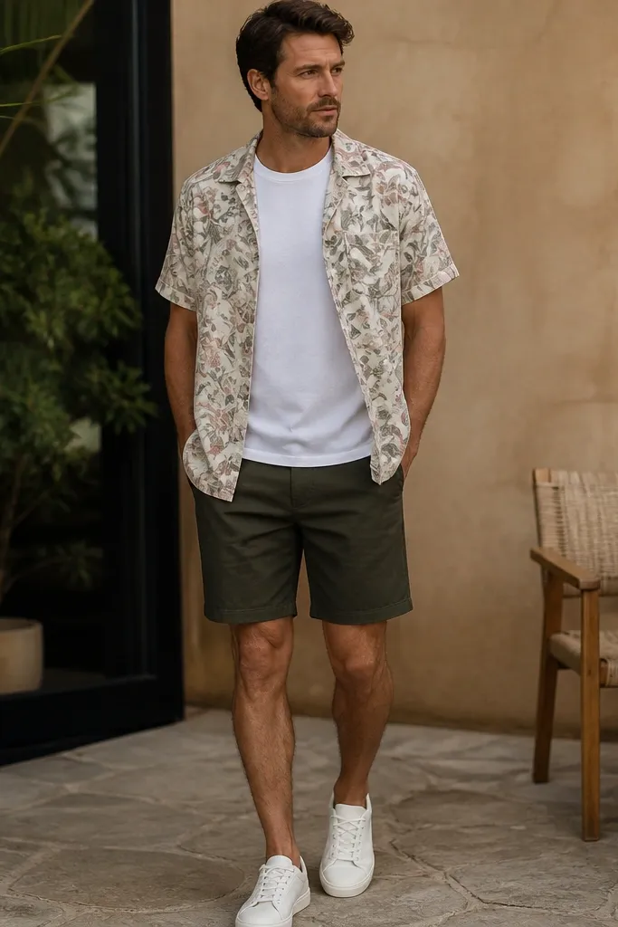 Man in a white t-shirt with a short-sleeve camp shirt in muted floral pattern, worn open. Dark olive shorts and white sneakers. Background shows a casual patio.