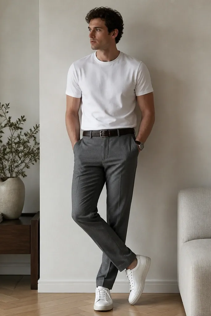 Man wearing a white tee tucked into mid-gray flannel trousers with a straight leg. White sneakers with a low profile. A dark wristwatch and a simple dark belt.