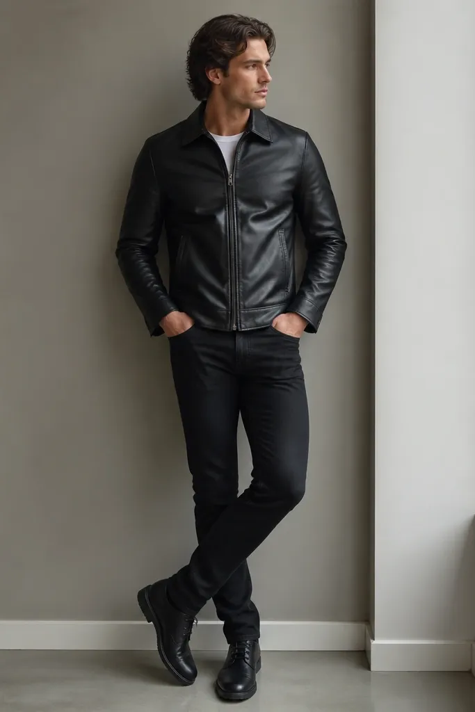 Man in a white crew t-shirt under a black leather jacket. Slim dark jeans and black boots or sneakers. Jacket zipper is closed, collar sits flat.