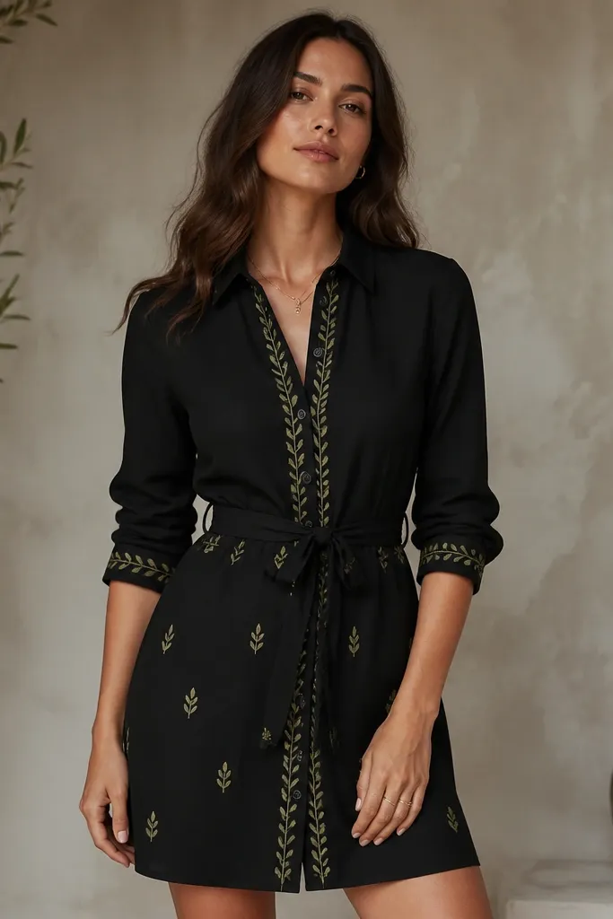 A mid-thigh-to-knee black shirt-dress with a button front. A thin olive vine border runs along the placket and cuffs, and small leaf motifs repeat near the waist. The sleeves are slightly rolled and the belt is black.