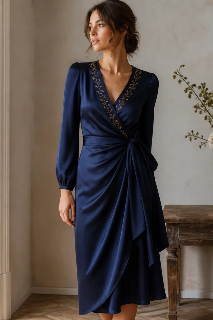A navy satin wrap dress with a V-neck. The wrap tie crosses at the waist and there is subtle brass-toned leaf embroidery along the bodice edges. The skirt drapes in soft folds and ends below the knee.