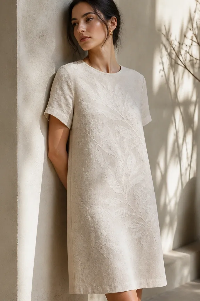 A light sand linen-blend dress with a relaxed straight cut. It has a subtle embossed leaf pattern across the torso, visible only when light hits at an angle. The sleeves are short and the neckline is a clean crew.