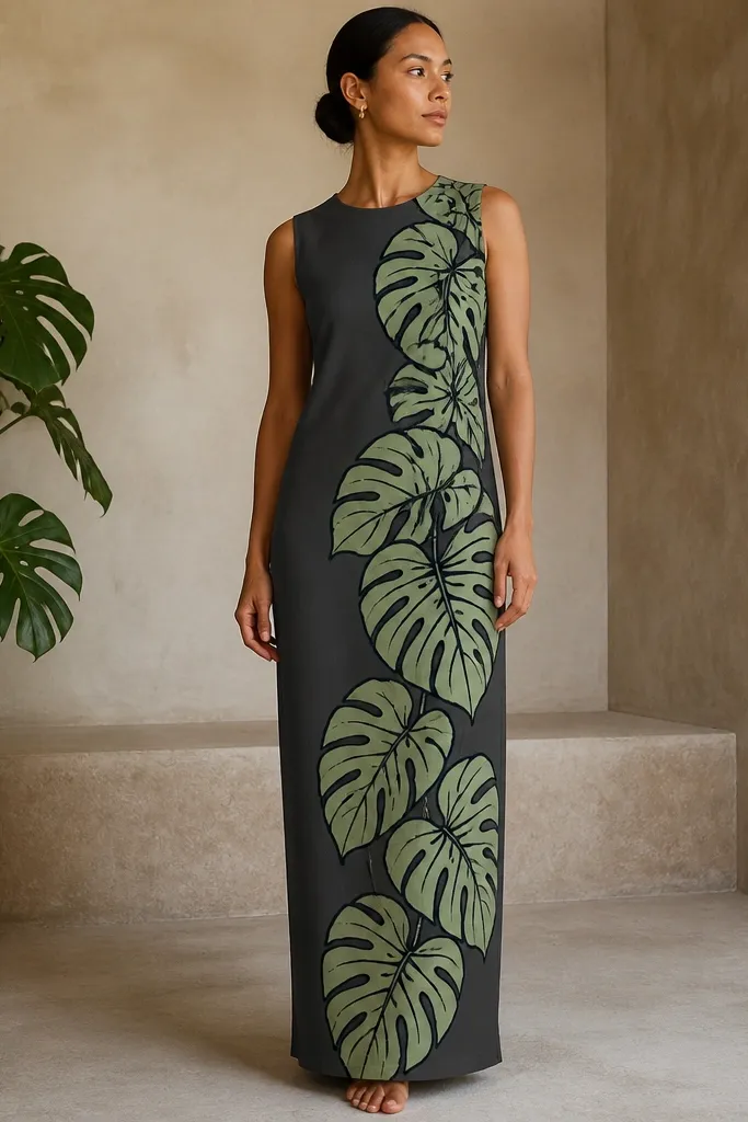 A charcoal-gray long column dress with a single vertical panel of large monstera leaves. The monstera print is high-contrast - deep black outlines with pale green fill. The neckline is rounded and clean.