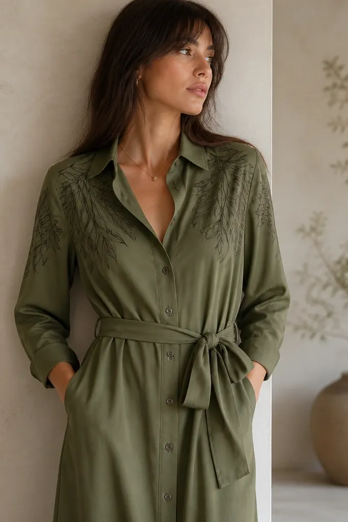 An olive-green shirt dress with a button front and a tie at the waist. The leaf print is monochrome: black line art scattered lightly across the sleeves and upper chest. The fabric looks smooth and drapey.