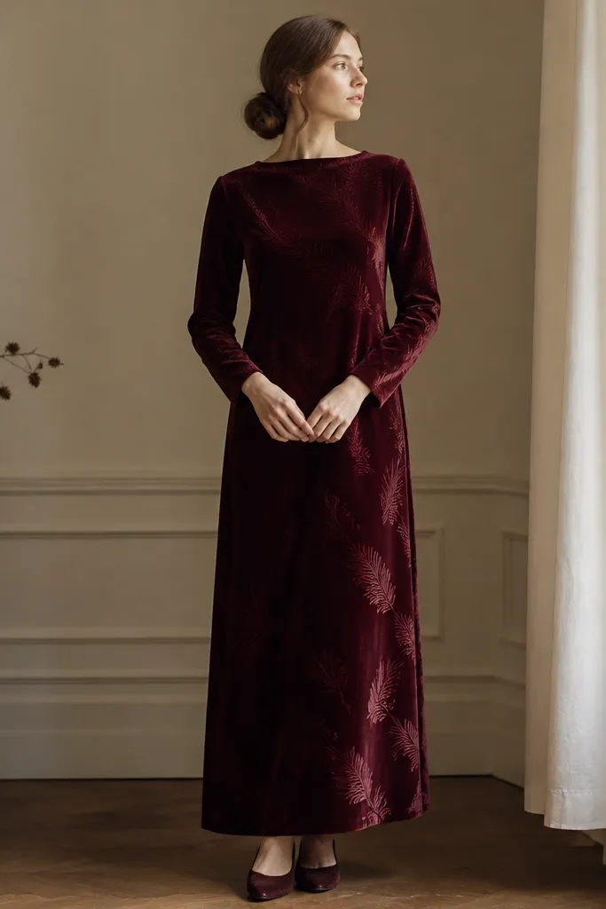 A burgundy velvet dress with a straight fit and long sleeves. Tiny pine needle patterns are woven into the fabric in a slightly darker shade, visible in side lighting. The hem reaches the ankles.