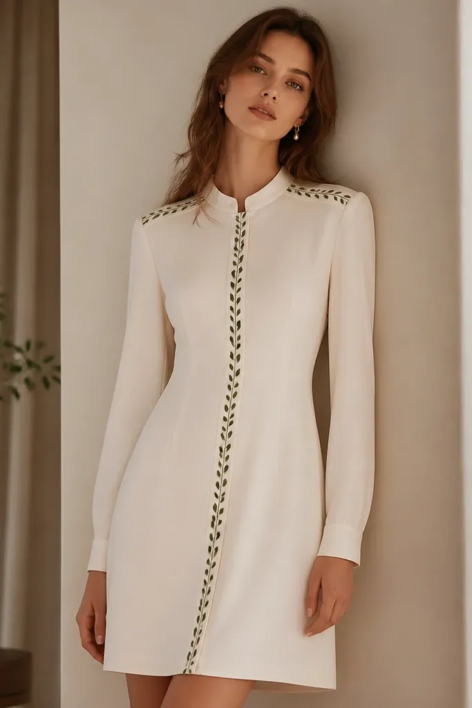 An ivory crepe dress with a mini-collar and long sleeves. There is neat green leaf stitching along the shoulder seams and down the center placket. The skirt falls to just above the knee.
