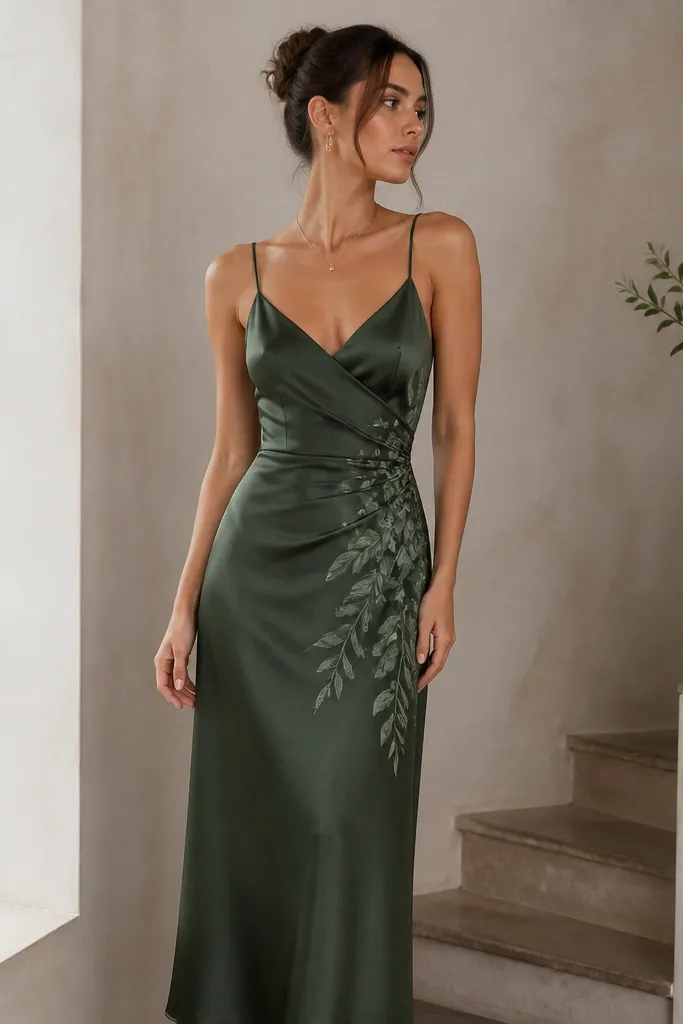 A forest green satin slip dress with spaghetti straps and a V-neck. On one side, a ruched panel has a leaf print, while the rest is solid satin. The skirt hangs straight with a slight sheen.