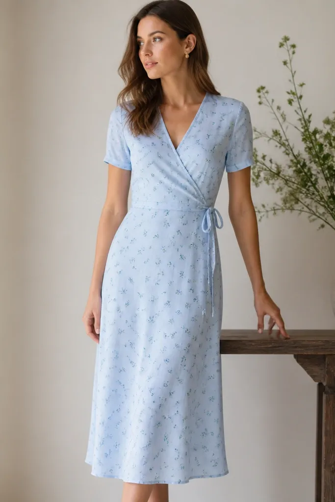 A powder blue wrap dress with short sleeves and a tie waist. The print is tiny sprigs scattered across the bodice and sleeves, mostly in pale green and slate blue. The skirt reaches mid-calf.