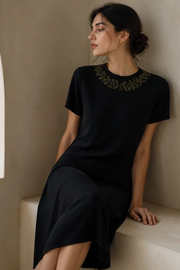 A black crepe midi dress with short sleeves. The collar has leaf embroidery in deep green and olive thread, forming a wreath-like shape around the neckline. The rest of the dress is plain black.