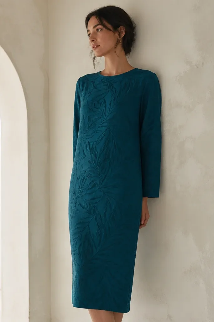 A teal jacquard dress with a straight silhouette and long sleeves. The leaf pattern is woven in raised texture, darker teal against teal fabric. The hem is midi and the neckline is a modest crew.
