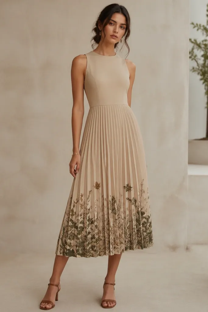 A sandstone pleated midi dress with a solid bodice and a printed botanical hem. The bottom 10-12 inches show leaf and flower silhouettes in muted greens and browns. The pleats start at the waist.