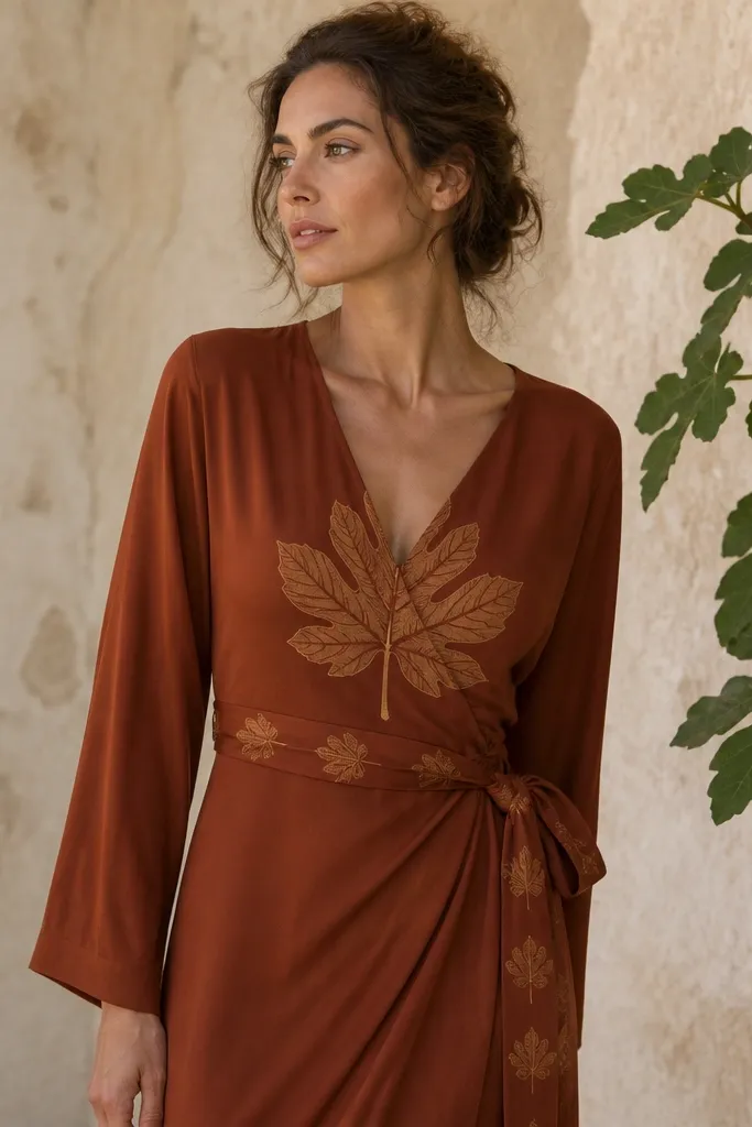 A rust brown wrap dress with long sleeves and a V-neck. There's one large fig leaf motif centered on the chest and another repeated smaller leaf pattern around the waist wrap. The fabric is matte and drapey.