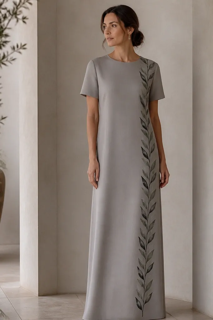 A stone gray long column dress with a smooth matte finish. Along one side seam there's a vertical line of repeated leaf shapes in charcoal and sage. The neckline is simple and the sleeves are short.