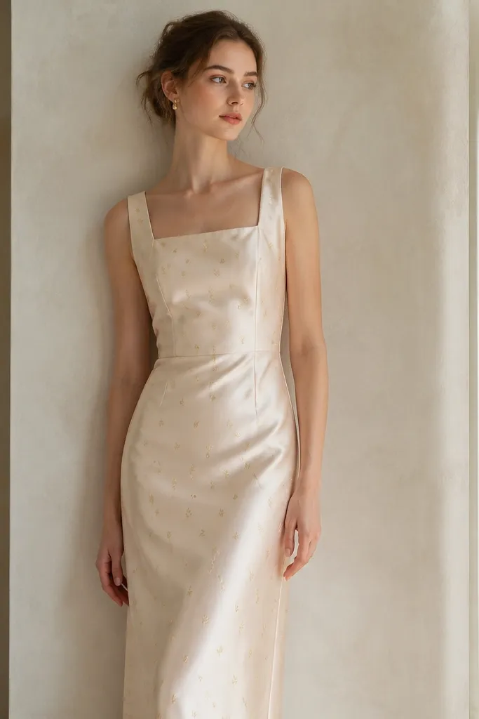 A champagne-colored, silk-look dress with a subtle sheen. The plant theme is micro-print: tiny gold leaf shapes spread across the bodice and upper skirt. The neckline is slightly square and the skirt is straight.