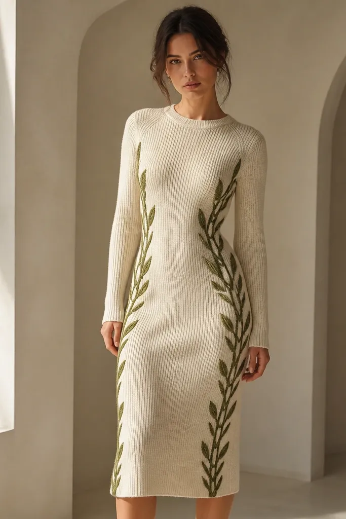 A cream knit dress with a long sleeve and a fitted waist. Cable-knit panels form leaf shapes down the sides, in olive-green yarn. The skirt is straight and ends mid-calf.
