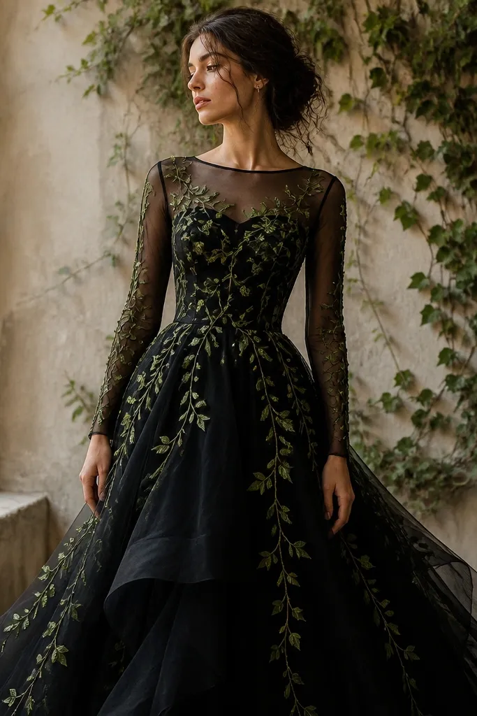 A black dress with an opaque base and a black mesh overlay. Green vine appliqué wraps across the chest and drapes down the sides like a climbing plant. The sleeves are long and the skirt is layered for volume.