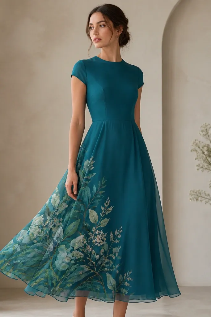 A teal dress with a fitted bodice and a chiffon skirt. The skirt has a placement print of overlapping leaves and small flowers concentrated on the lower left side, with the rest mostly solid teal. The neckline is high and the sleeves are short.