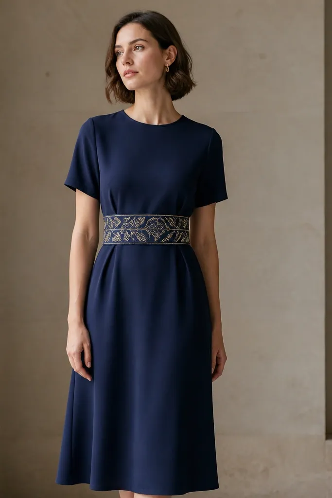 A navy crepe midi dress with a plain front and a wide belt made of jacquard fabric. The belt shows a repeating leaf pattern in lighter navy and pale gold threads. The dress has short sleeves and a round neckline.