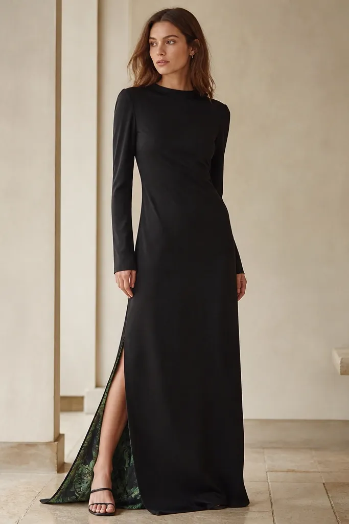 A black long column dress with a slit at the side. The outer fabric is plain black, but the lining shows a green leaf print that flashes when you move. The neckline is high and the sleeves are long.