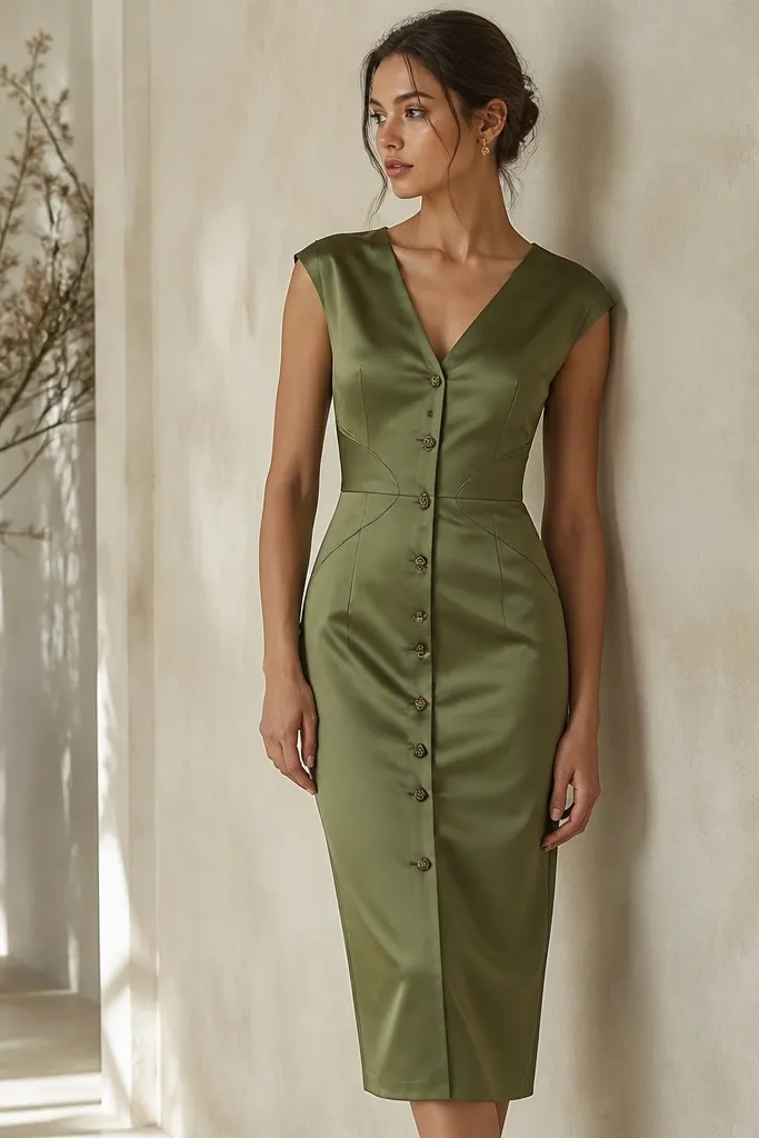 An olive satin pencil dress with a long placket down the front. The buttons are dark green with small leaf cutouts, and there are subtle leaf-shaped seams around the waist. The hem ends mid-calf and the neckline is a shallow V.