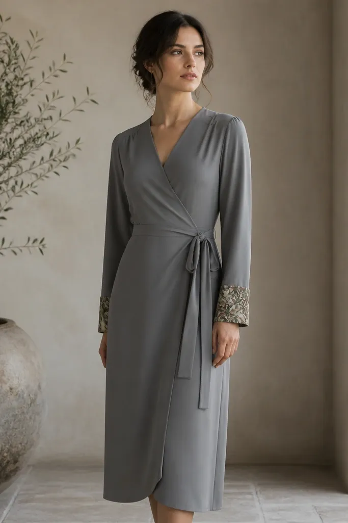 A stone gray wrap dress with long sleeves. The main dress is solid, and the cuffs have botanical print panels in muted greens and brown. The waist tie is gray, and the skirt falls straight to mid-calf.