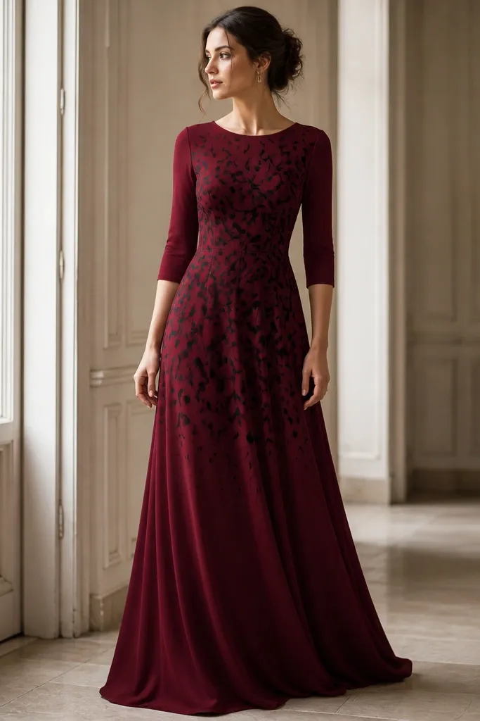 A burgundy maxi dress with a fitted bodice and flowing skirt. Leaf silhouettes in black repeat across the midsection and fade toward the hem. The neckline is modest and the sleeves are three-quarter length.