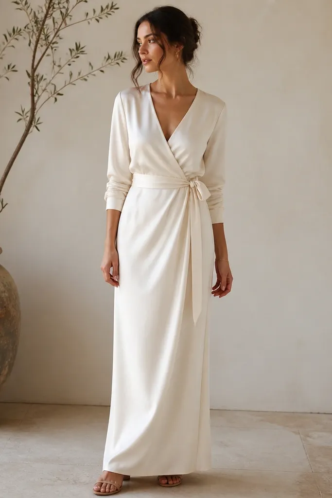 An ivory wrap dress with a V neckline and a self-tie belt at the waist. The fabric has a soft sheen and a clean, straight hem at the ankle.