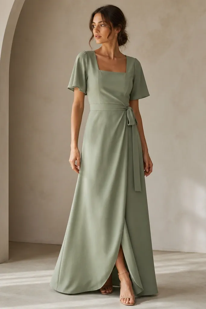 A sage green crepe maxi dress with a square neckline and a wrap front. The fabric is matte and hangs in straight lines. The waist tie sits at the natural waist.