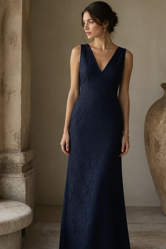 A navy long column dress with a faint jacquard pattern. The neckline is a clean V. The fabric has depth but stays mostly matte.