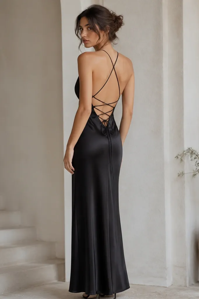 A black satin cowl-neck formal dress with a low back. The back has a lace tie detail that crosses near the shoulder blades. The skirt falls straight to the ankle.
