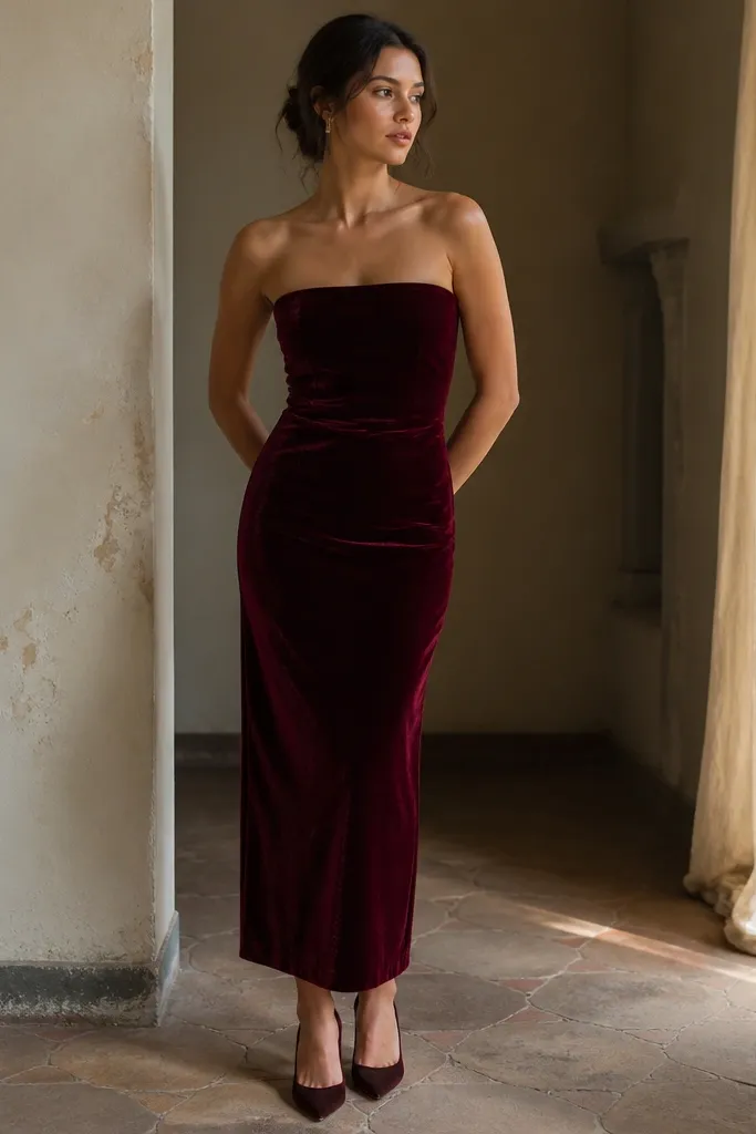 A burgundy velvet long dress with a straight neckline. The velvet has a soft pile that catches light in a subtle way. The skirt is a clean column to mid-ankle.